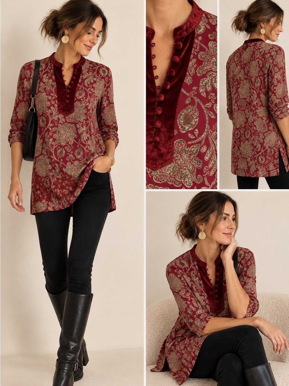 Soft Surroundings Burgundy Red Paisley Velvet-Trim Tunic
